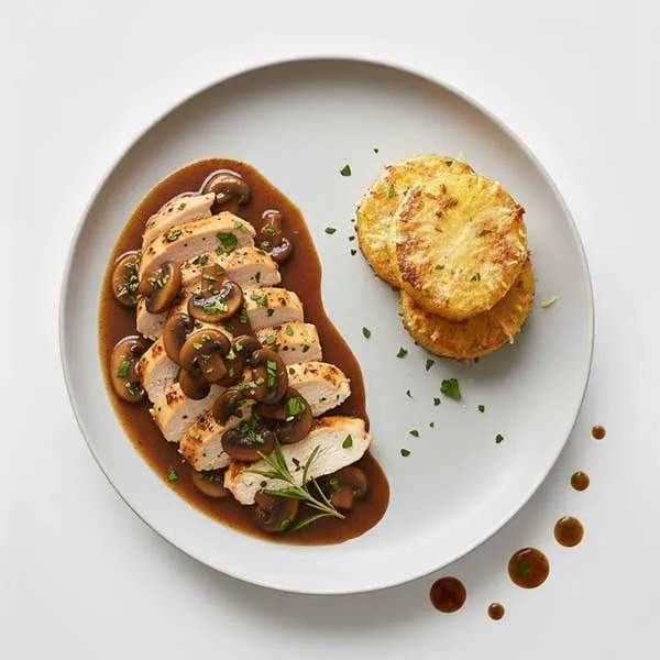 Pan-Seared Chicken Diane with a Rosemary-Wild Mushroom Jus & Parmesan Potato Medallions
